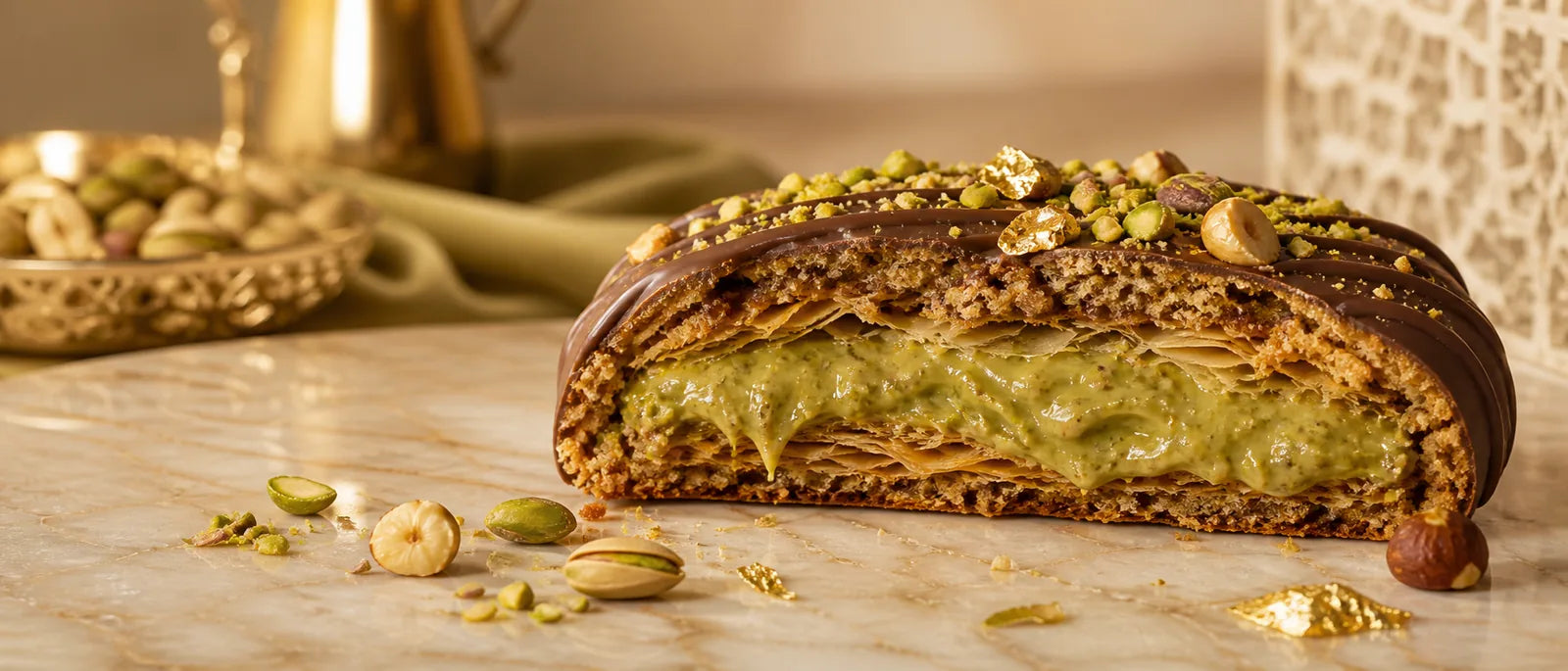 Galleta Dubai con crema de pistacho y chocolate