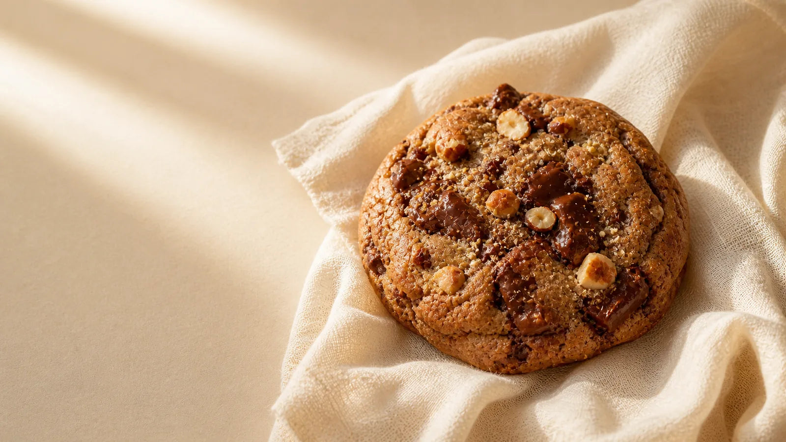 Galleta artesanal sobre lino crema con luz editorial