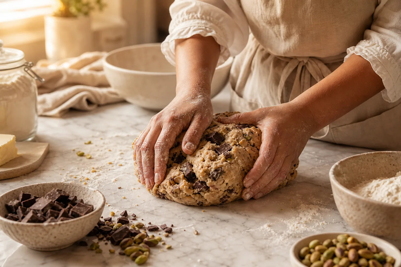 Manos trabajando masa artesanal con chocolate y pistacho